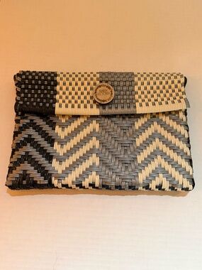 Maria Victoria clutch in black, silver and ivory woven PVC/Vinyl.